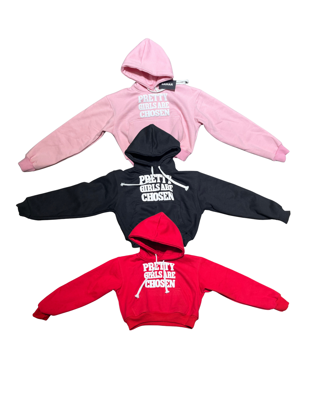 BAHAR Pretty Girls Are Chosen hoodies in pink, black, and red. 